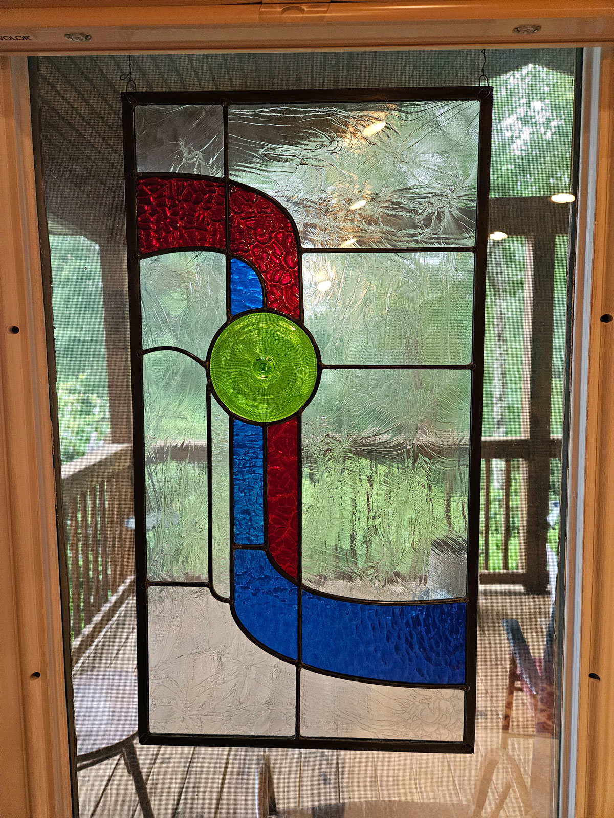 Stained glass panel in a doorway